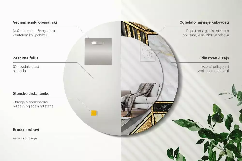 Lustro w ramie z nadrukiem w stylu marmurowym, w wersji okrągłej