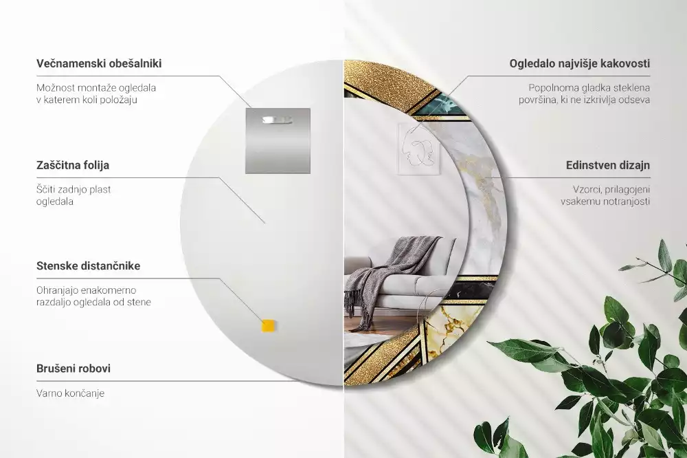 Lustro w ramie z nadrukiem w stylu marmurowym, w wersji okrągłej