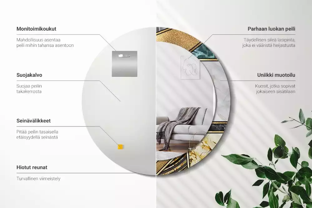 Lustro w ramie z nadrukiem w stylu marmurowym, w wersji okrągłej