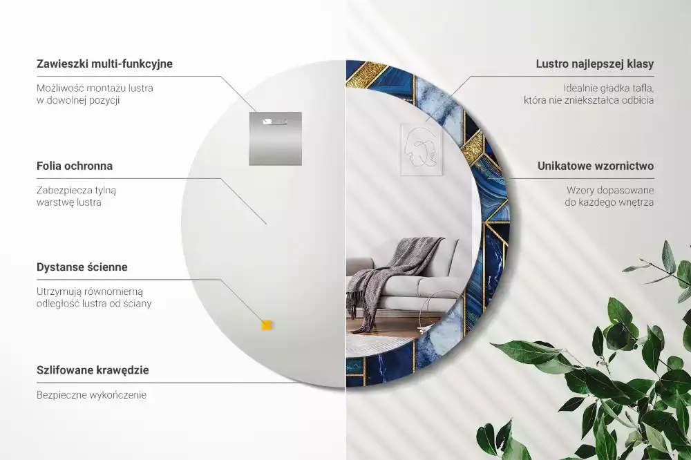 Lustro okrągłe z drukowaną ramką w motywie nowoczesnego marmuru