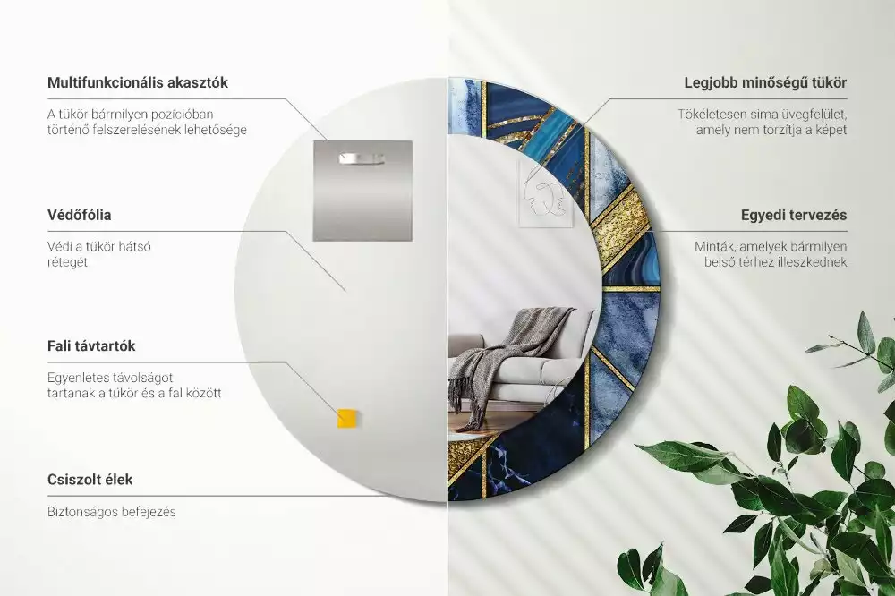 Lustro okrągłe z drukowaną ramką w motywie nowoczesnego marmuru