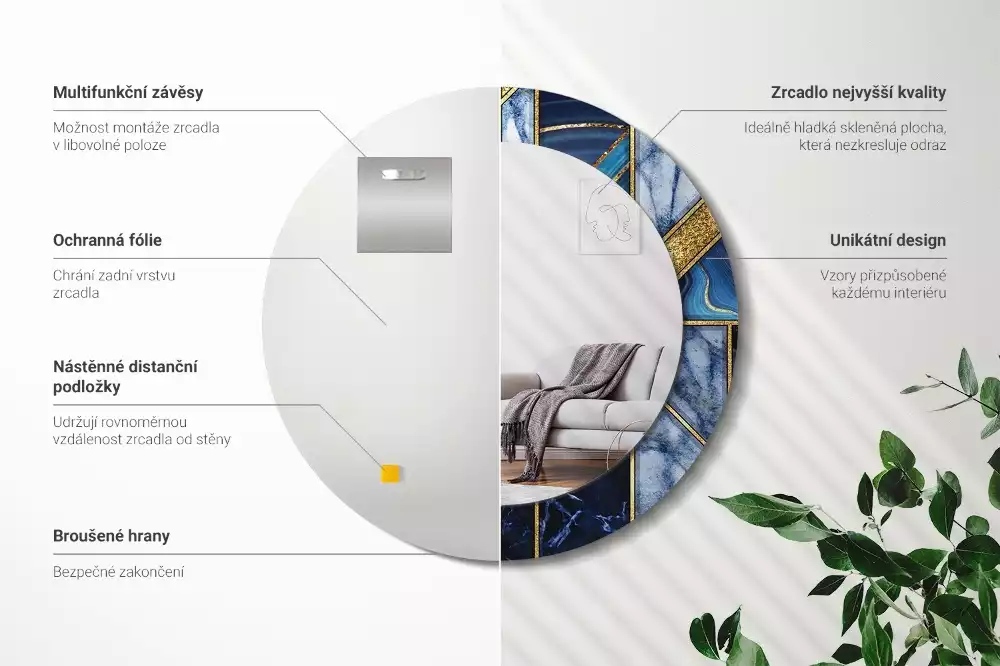 Lustro okrągłe z drukowaną ramką w motywie nowoczesnego marmuru