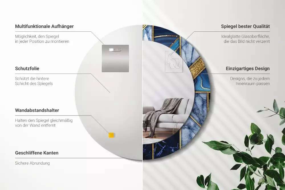 Lustro okrągłe z drukowaną ramką w motywie nowoczesnego marmuru