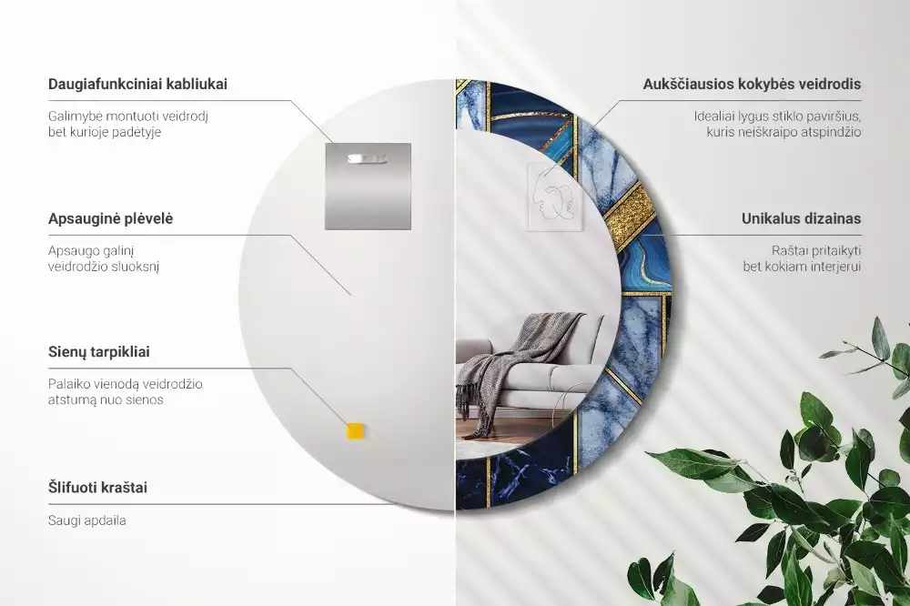 Lustro okrągłe z drukowaną ramką w motywie nowoczesnego marmuru