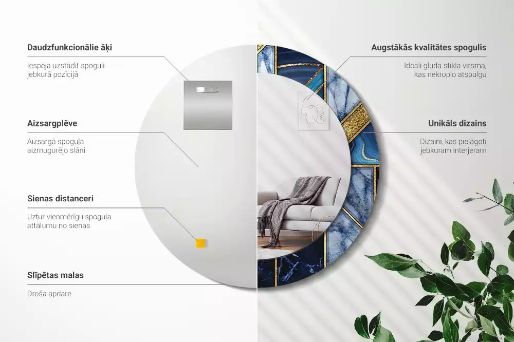 Lustro okrągłe z drukowaną ramką w motywie nowoczesnego marmuru