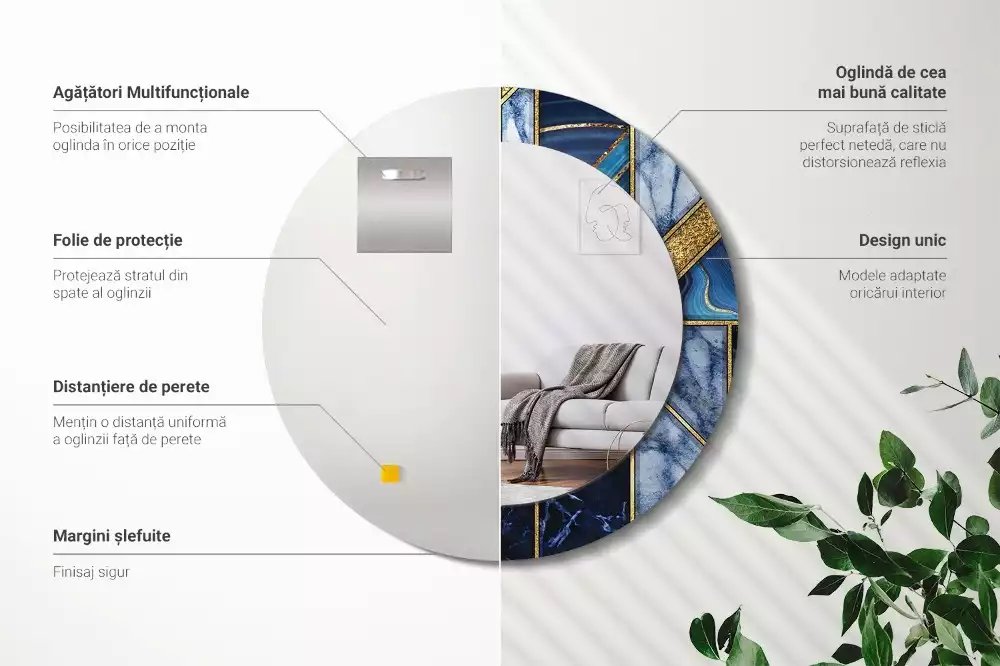 Lustro okrągłe z drukowaną ramką w motywie nowoczesnego marmuru