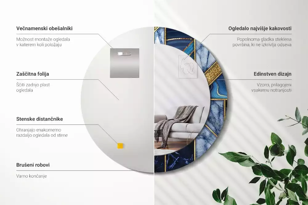 Lustro okrągłe z drukowaną ramką w motywie nowoczesnego marmuru