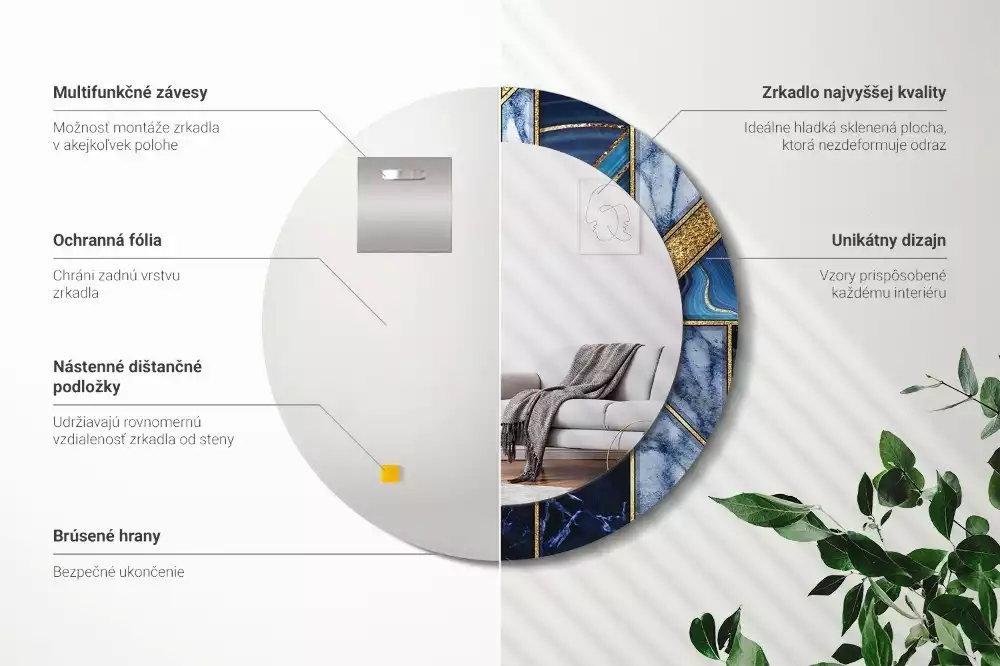 Lustro okrągłe z drukowaną ramką w motywie nowoczesnego marmuru