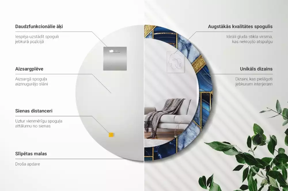 Lustro okrągłe z drukowaną ramką w motywie nowoczesnego marmuru