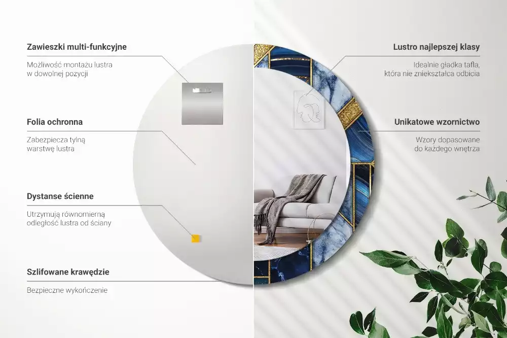 Lustro okrągłe z drukowaną ramką w motywie nowoczesnego marmuru