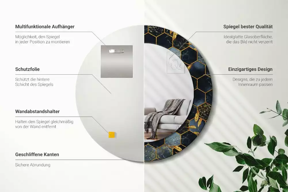 Lustro z drukowaną ramką w motywie marmuru o kształcie okrągłym z teksturą heksagonu