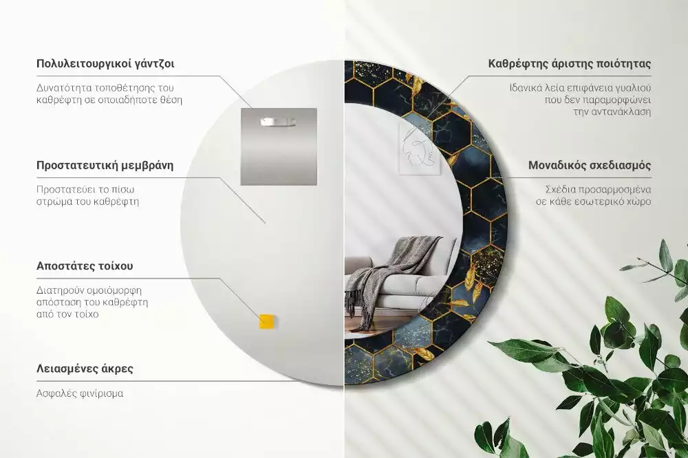 Lustro z drukowaną ramką w motywie marmuru o kształcie okrągłym z teksturą heksagonu