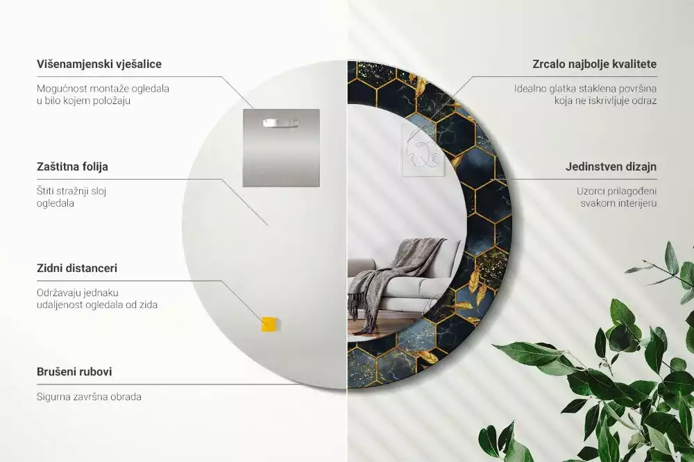 Lustro z drukowaną ramką w motywie marmuru o kształcie okrągłym z teksturą heksagonu