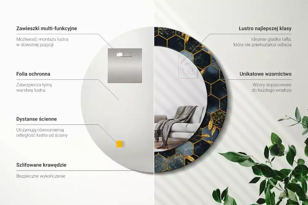 Lustro z drukowaną ramką w motywie marmuru o kształcie okrągłym z teksturą heksagonu