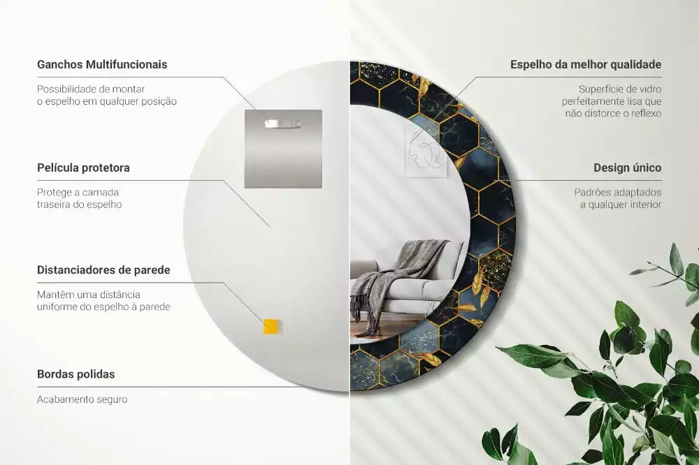 Lustro z drukowaną ramką w motywie marmuru o kształcie okrągłym z teksturą heksagonu