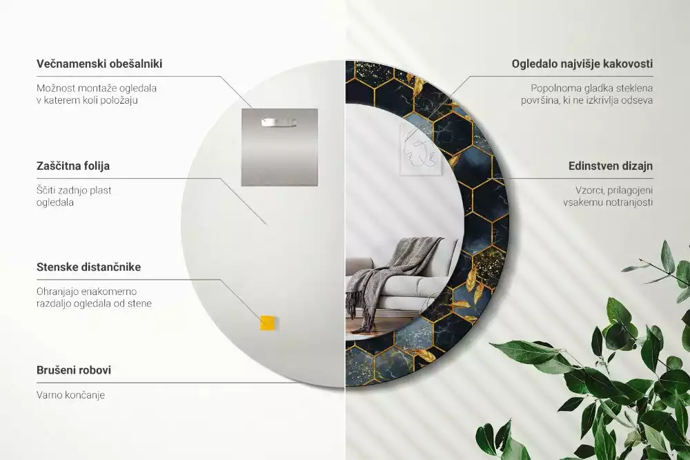 Lustro z drukowaną ramką w motywie marmuru o kształcie okrągłym z teksturą heksagonu