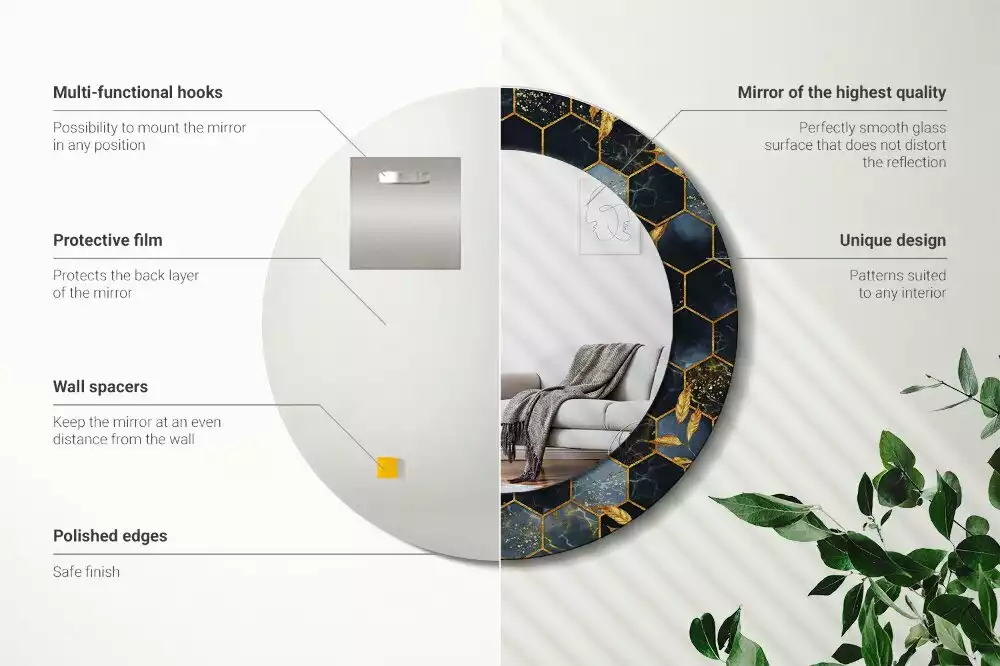 Lustro z drukowaną ramką w motywie marmuru o kształcie okrągłym z teksturą heksagonu