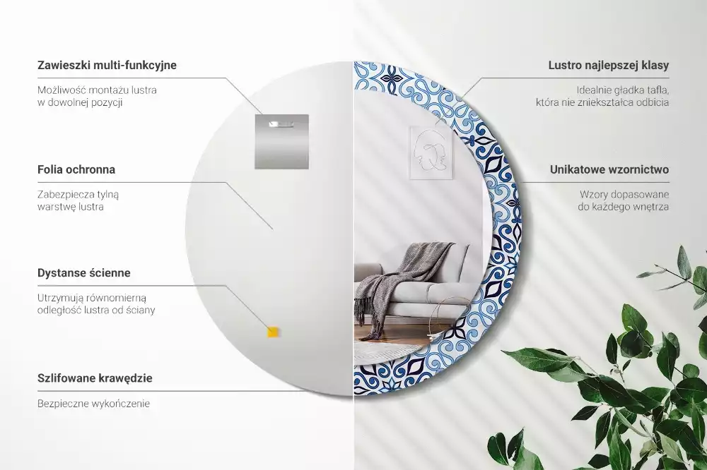 Lustro z okrągłą ramą z nadrukiem w niebieskim arabskim wzorze