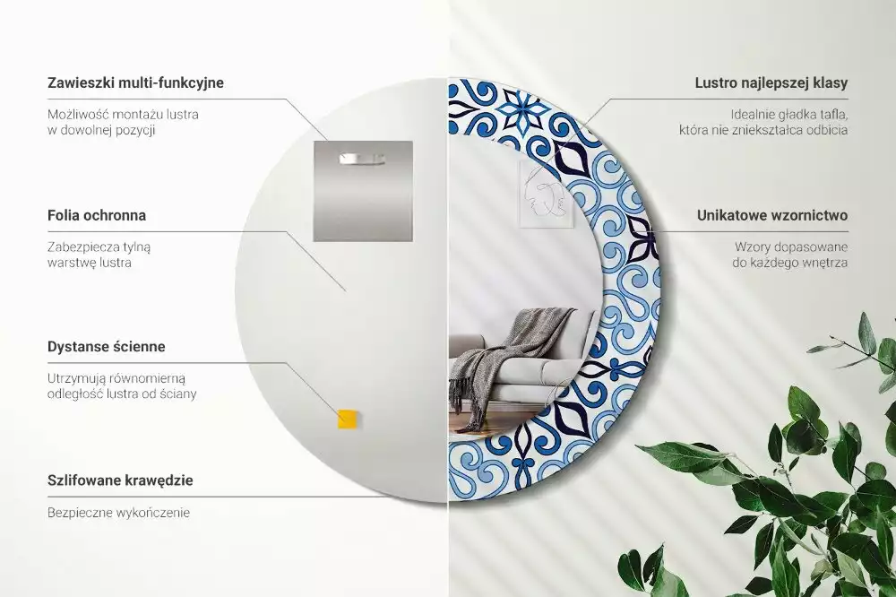 Lustro z okrągłą ramą z nadrukiem w niebieskim arabskim wzorze