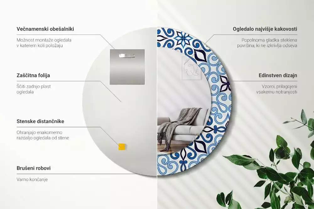 Lustro z okrągłą ramą z nadrukiem w niebieskim arabskim wzorze