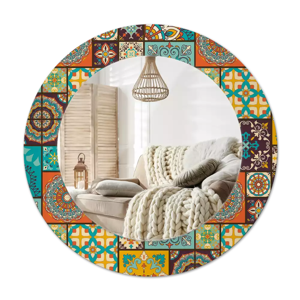 Lustro okrągłe z drukowaną ramką w motywie wzoru arabskiego