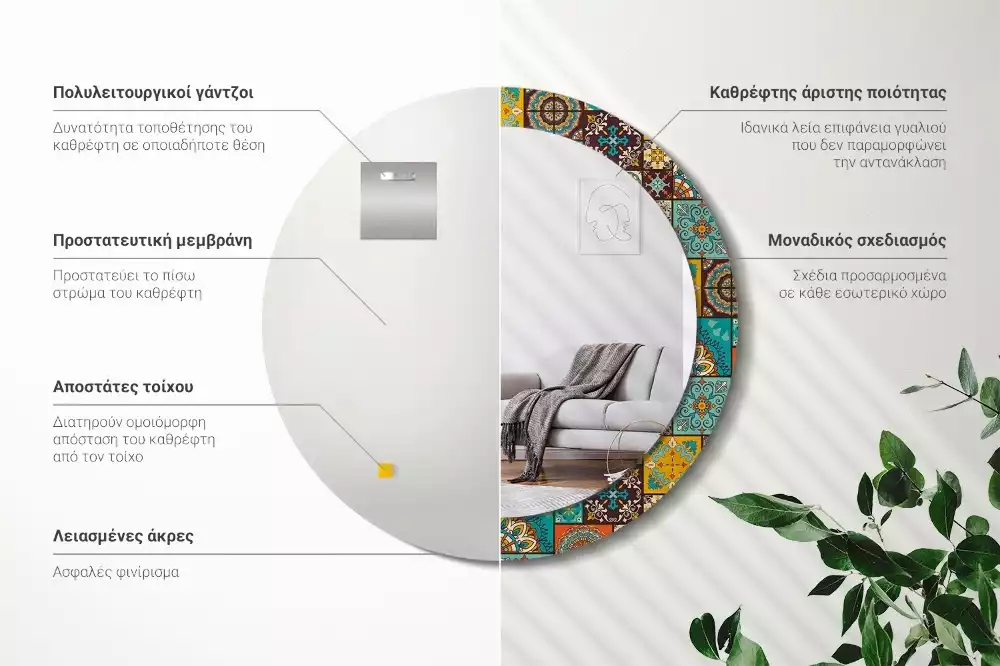 Lustro okrągłe z drukowaną ramką w motywie wzoru arabskiego