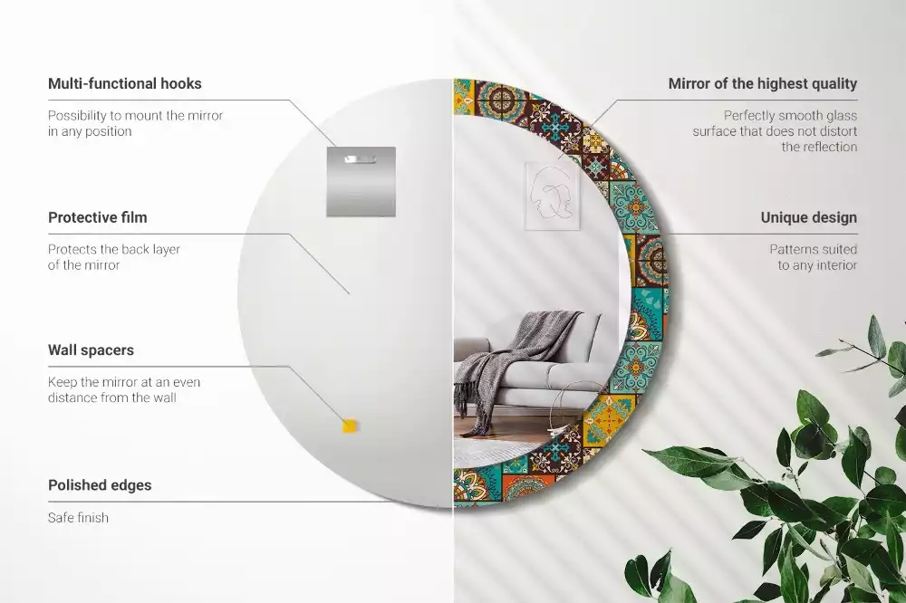 Lustro okrągłe z drukowaną ramką w motywie wzoru arabskiego