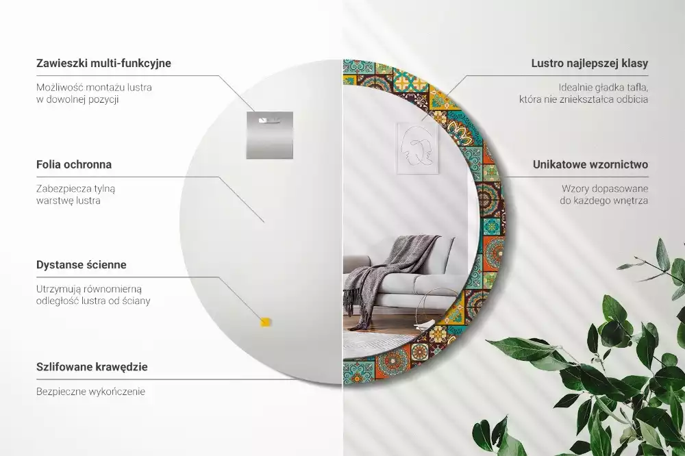 Lustro okrągłe z drukowaną ramką w motywie wzoru arabskiego