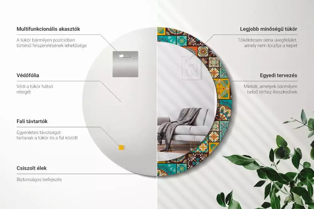 Lustro okrągłe z drukowaną ramką w motywie wzoru arabskiego