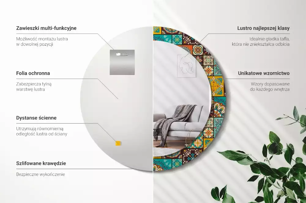 Lustro okrągłe z drukowaną ramką w motywie wzoru arabskiego