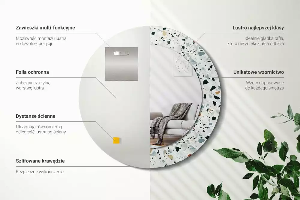 Lustro ścienne dekoracyjne w kształcie okrągłym z motywem kamienia naturalnego