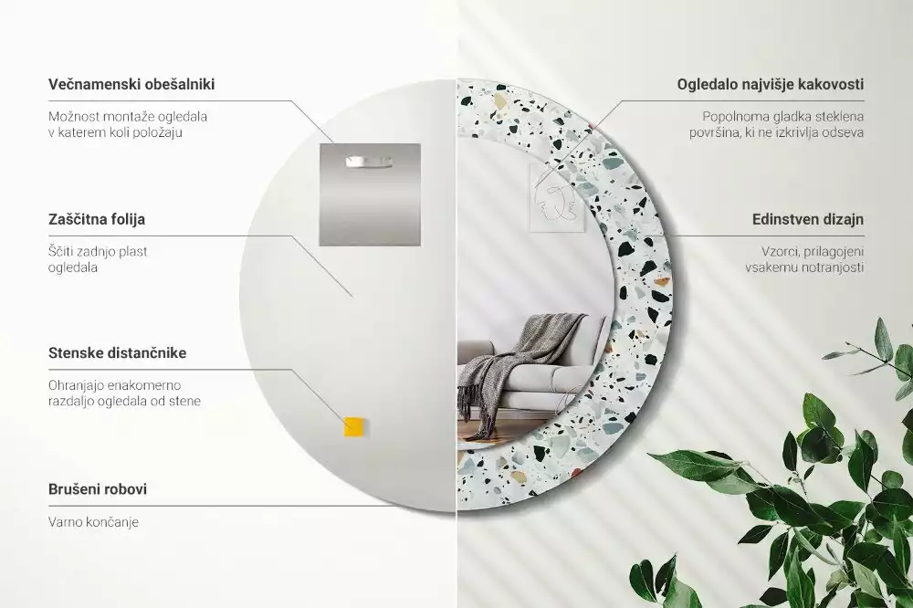 Lustro ścienne dekoracyjne w kształcie okrągłym z motywem kamienia naturalnego