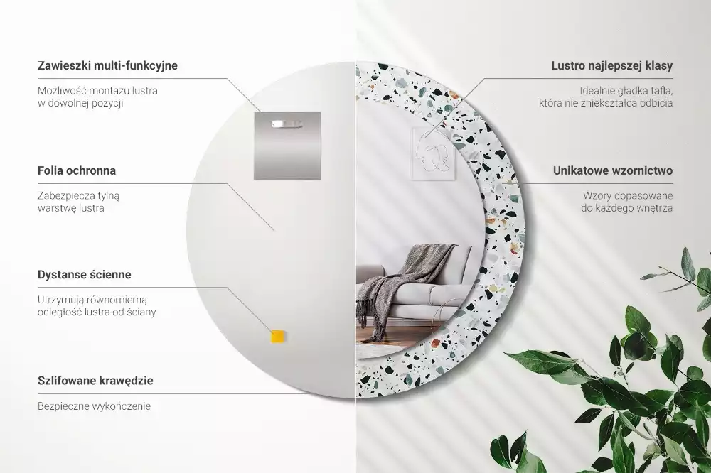 Lustro ścienne dekoracyjne w kształcie okrągłym z motywem kamienia naturalnego