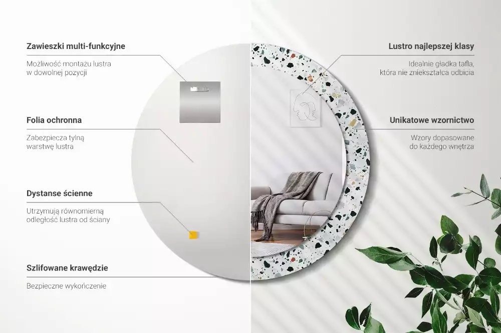 Lustro ścienne dekoracyjne w kształcie okrągłym z motywem kamienia naturalnego