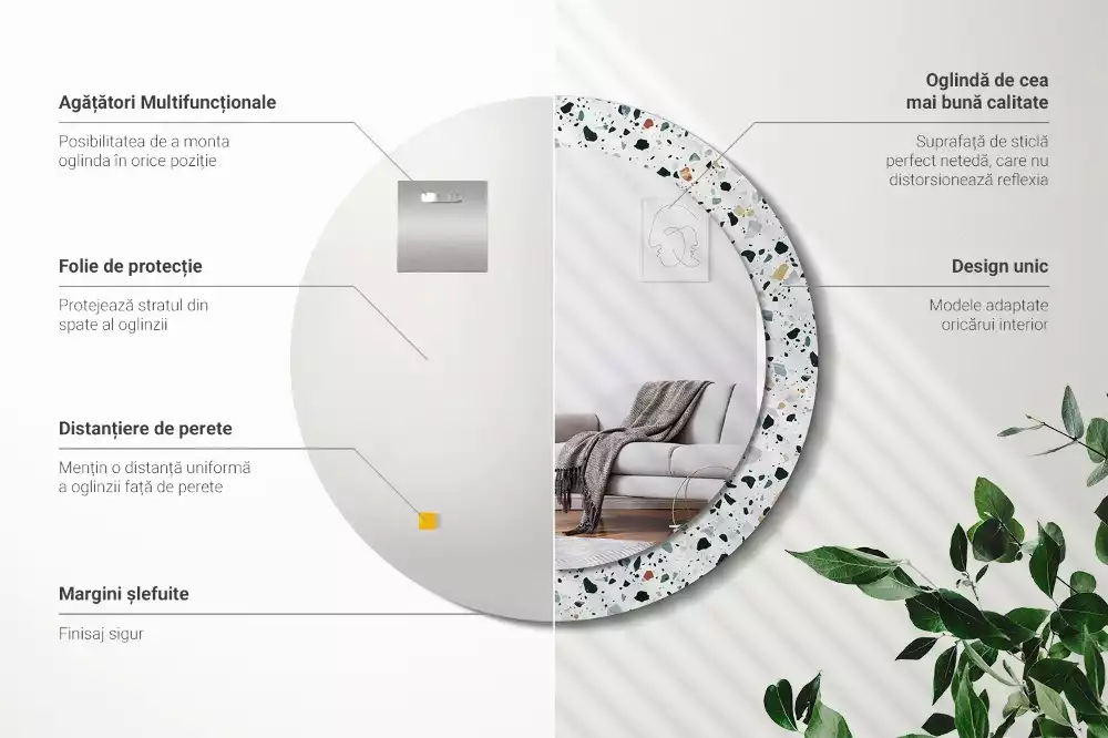 Lustro ścienne dekoracyjne w kształcie okrągłym z motywem kamienia naturalnego