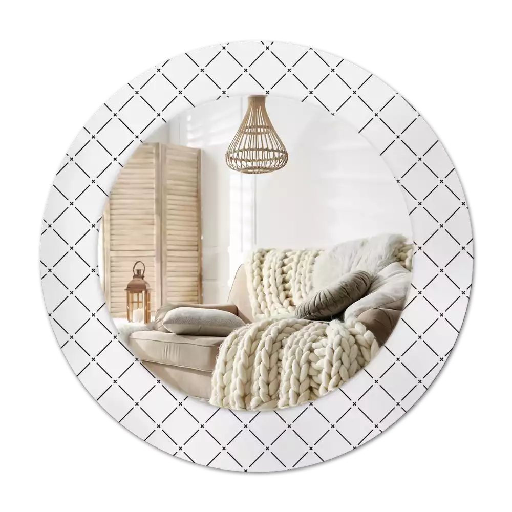 Lustro w ozdobnej ramie z nadrukiem przedstawiającym poprzeczne linie, w wersji okrągłej