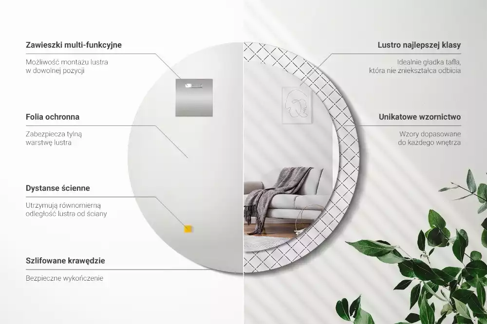 Lustro w ozdobnej ramie z nadrukiem przedstawiającym poprzeczne linie, w wersji okrągłej