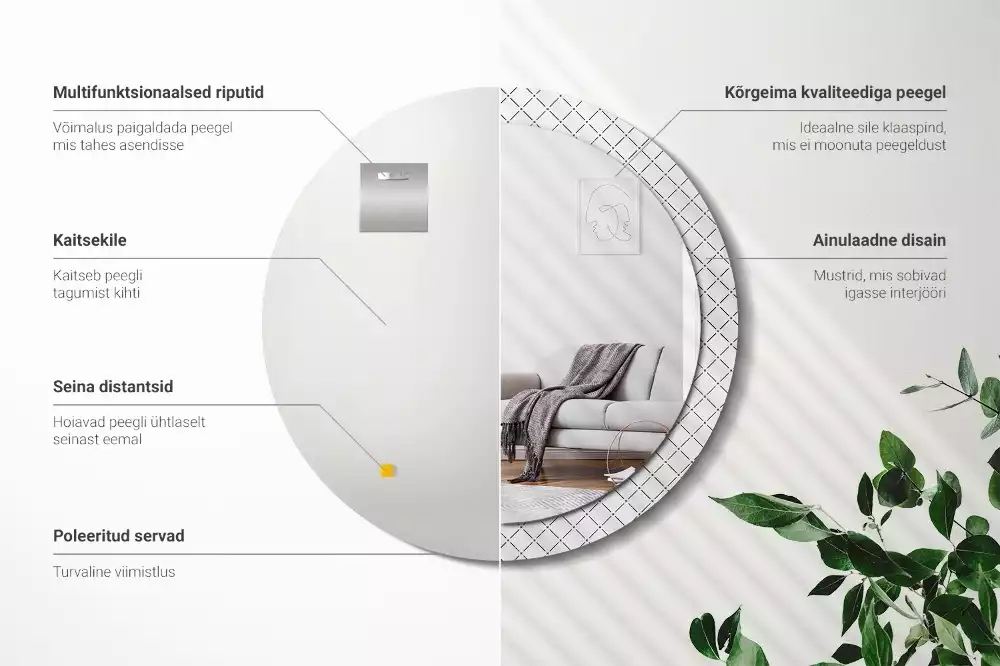 Lustro w ozdobnej ramie z nadrukiem przedstawiającym poprzeczne linie, w wersji okrągłej