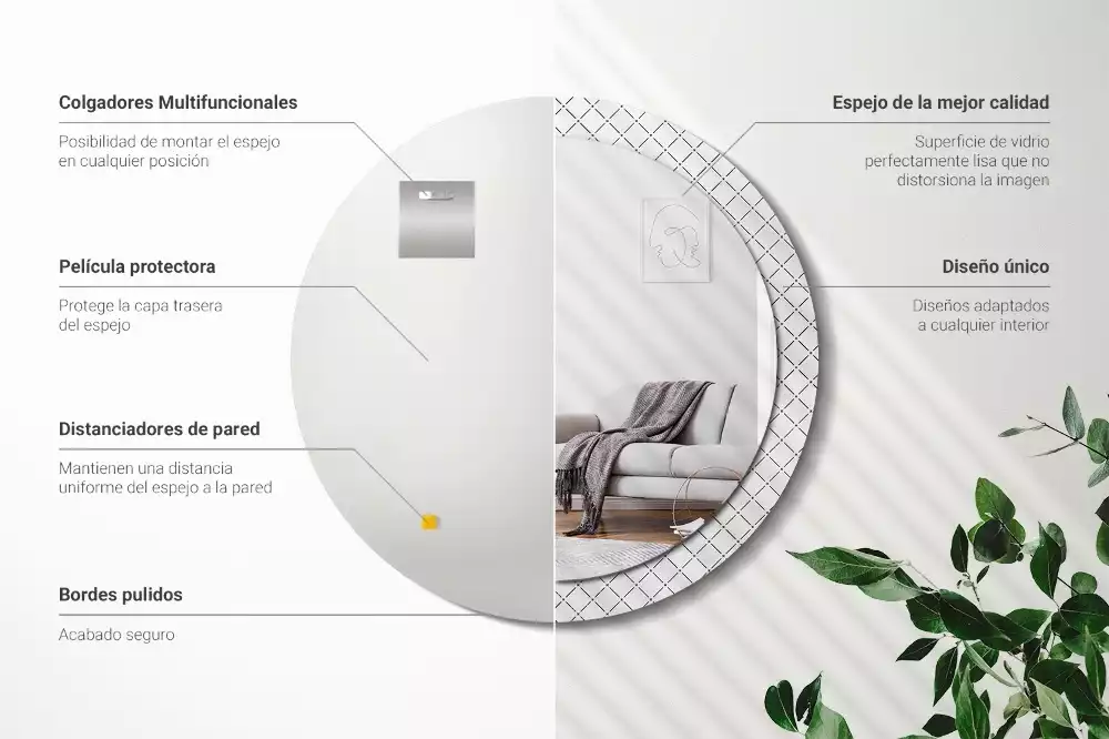 Lustro w ozdobnej ramie z nadrukiem przedstawiającym poprzeczne linie, w wersji okrągłej