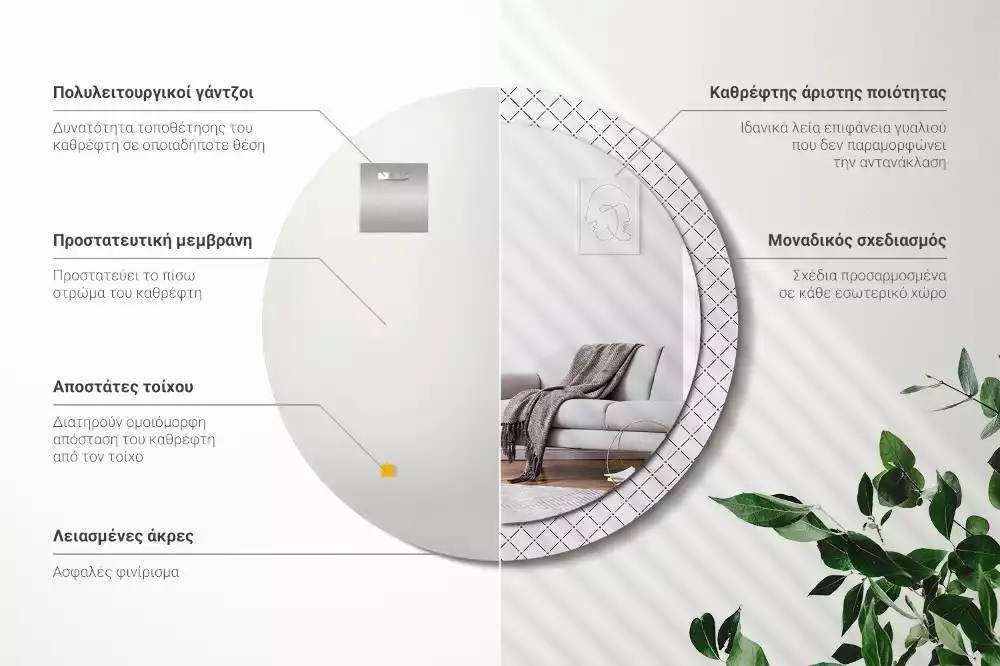 Lustro w ozdobnej ramie z nadrukiem przedstawiającym poprzeczne linie, w wersji okrągłej