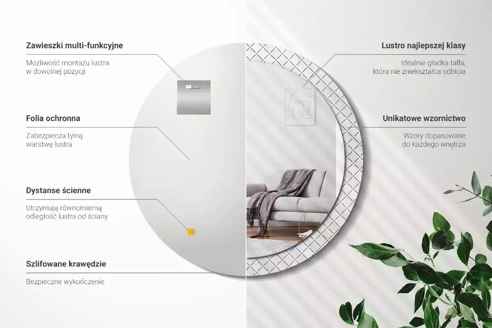 Lustro w ozdobnej ramie z nadrukiem przedstawiającym poprzeczne linie, w wersji okrągłej