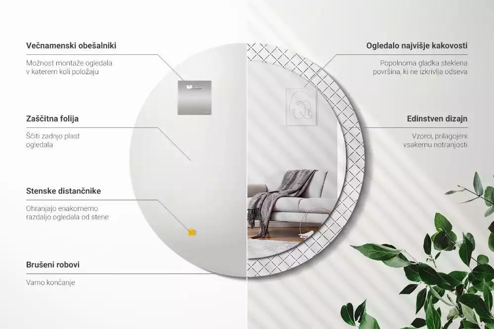 Lustro w ozdobnej ramie z nadrukiem przedstawiającym poprzeczne linie, w wersji okrągłej