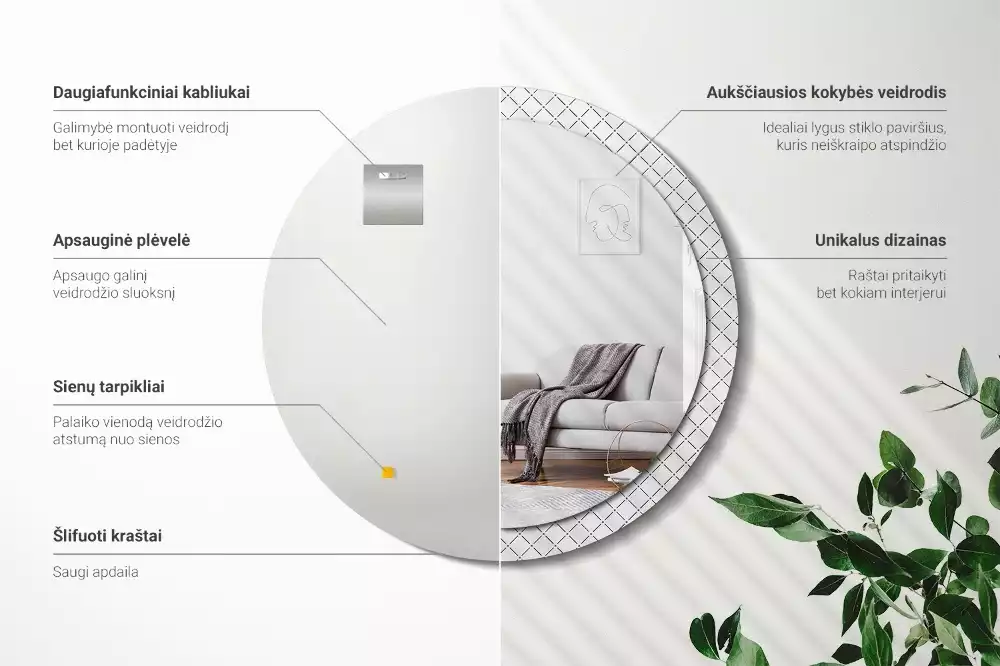 Lustro w ozdobnej ramie z nadrukiem przedstawiającym poprzeczne linie, w wersji okrągłej