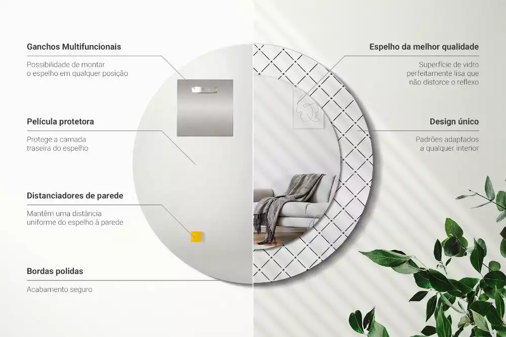 Lustro w ozdobnej ramie z nadrukiem przedstawiającym poprzeczne linie, w wersji okrągłej