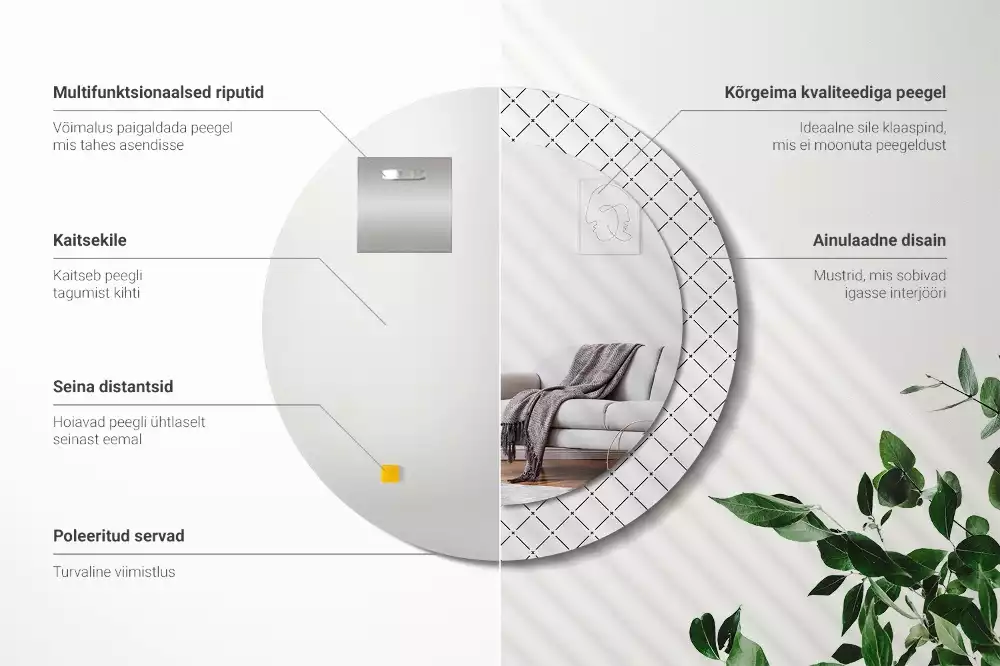 Lustro w ozdobnej ramie z nadrukiem przedstawiającym poprzeczne linie, w wersji okrągłej