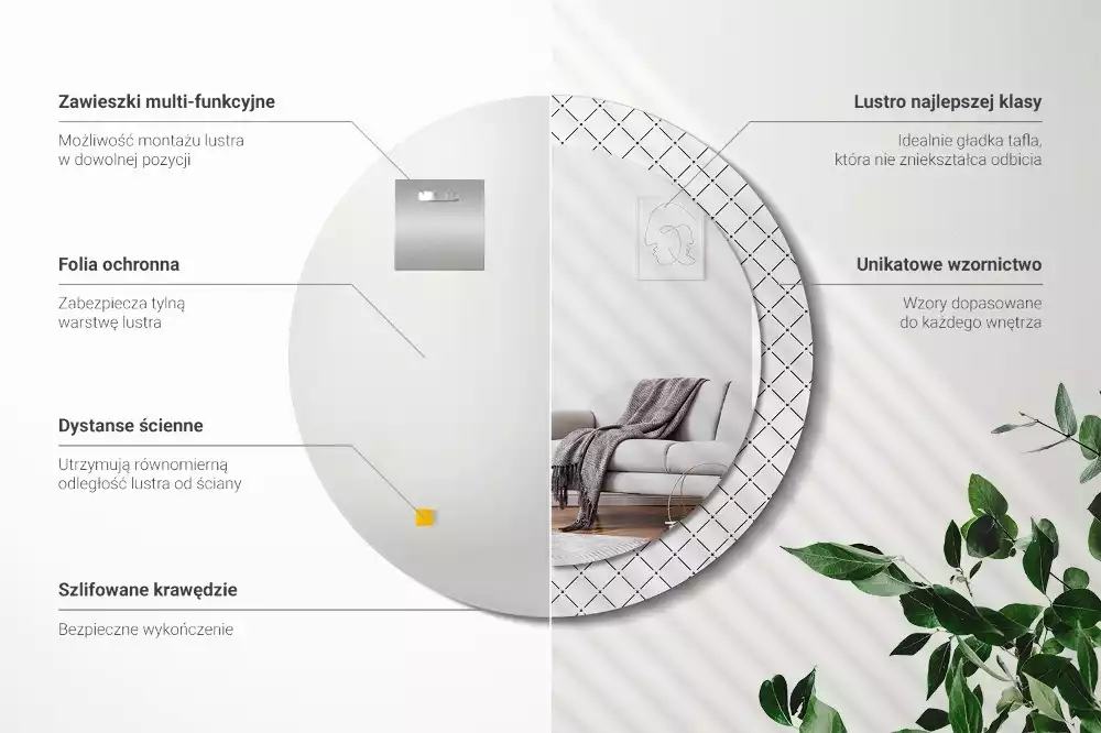 Lustro w ozdobnej ramie z nadrukiem przedstawiającym poprzeczne linie, w wersji okrągłej