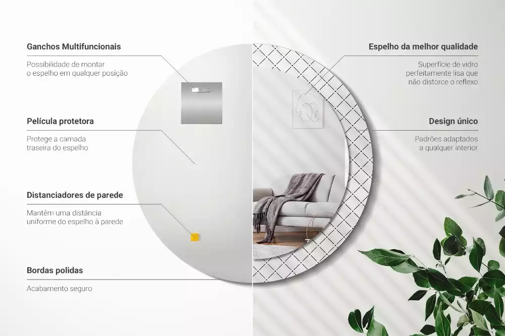 Lustro w ozdobnej ramie z nadrukiem przedstawiającym poprzeczne linie, w wersji okrągłej