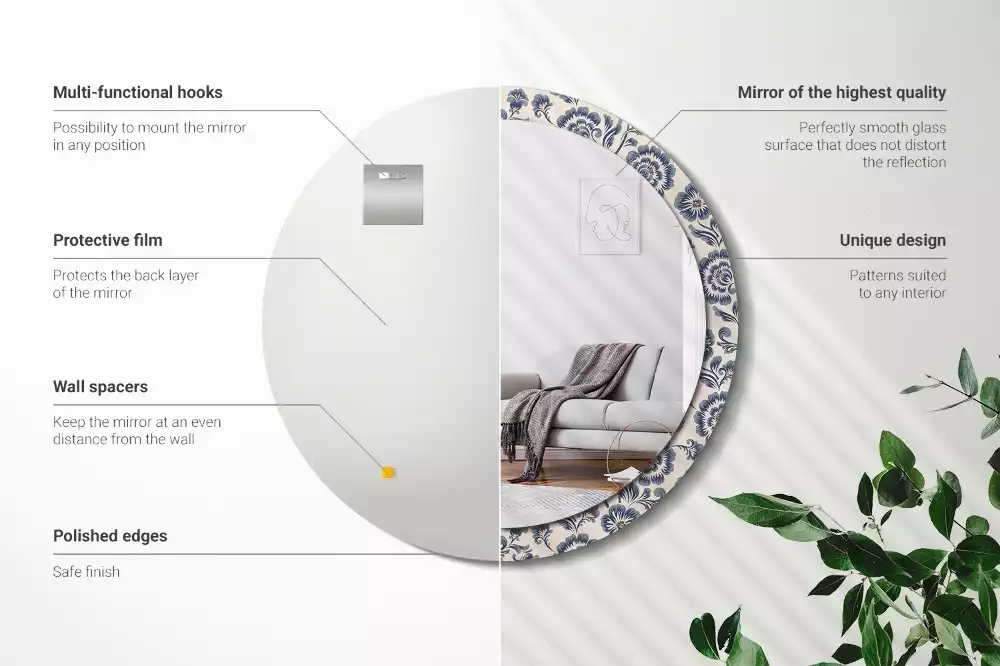 Lustro w okrągłej ramie z nadrukiem w kwiatowy wzór