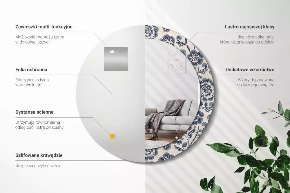 Lustro w okrągłej ramie z nadrukiem w kwiatowy wzór