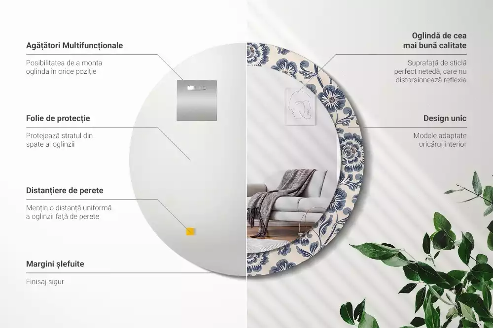 Lustro w okrągłej ramie z nadrukiem w kwiatowy wzór